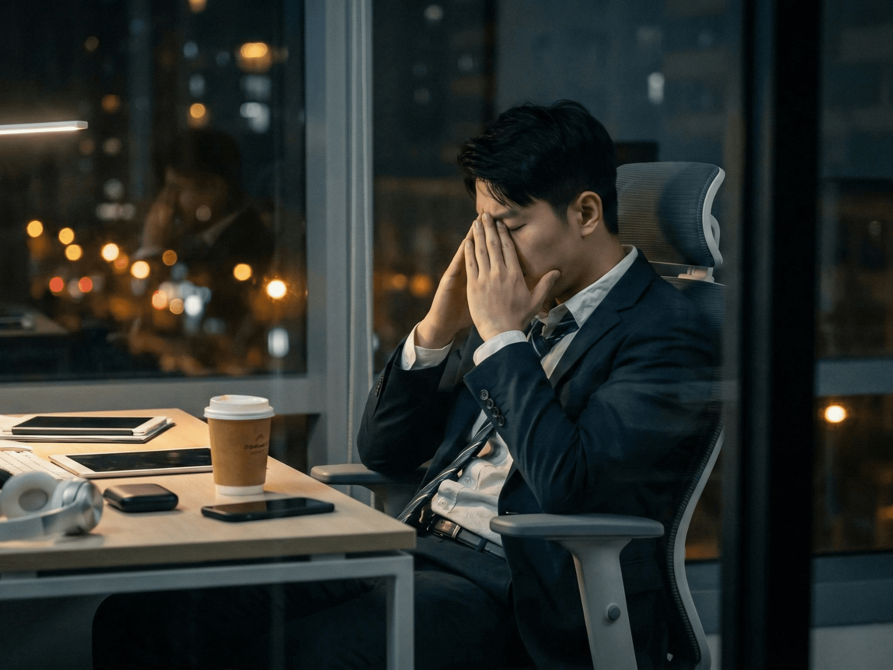 A man in a dark business suit and tie sits at a desk in a modern office at night, covering his face with his hands in a gesture of fatigue or stress. Large windows in the background show the blurred lights of a city. On his desk are a laptop, a tablet, a pair of headphones, and a paper coffee cup.