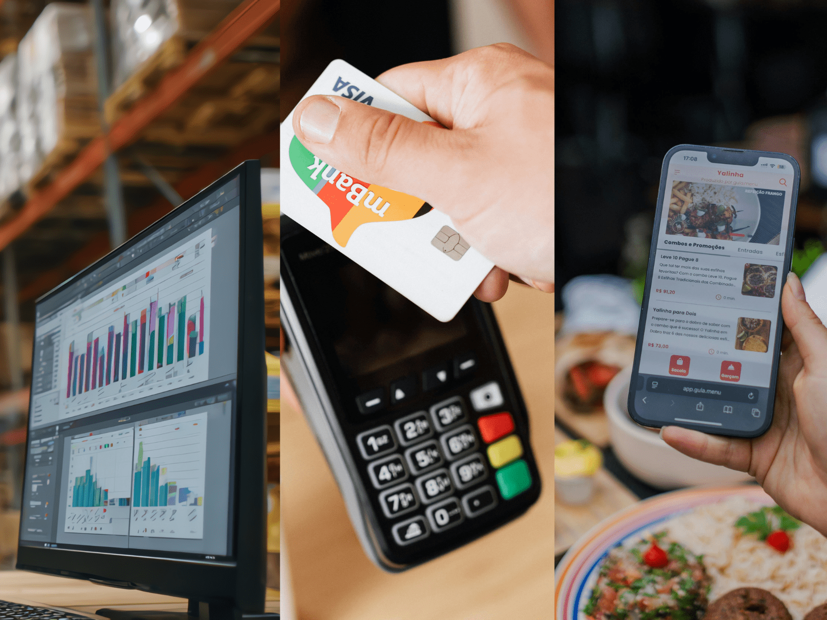 A three-part collage framed by thick red borders illustrating modern food service transactions. The top-left panel shows a person's hands typing on a laptop next to a coffee cup. The bottom-left panel features a close-up of a customer holding a gold credit card while entering a PIN into a payment terminal. The large right-hand panel shows a hand holding a smartphone with a food ordering app open, displaying a menu with prices and dish photos.