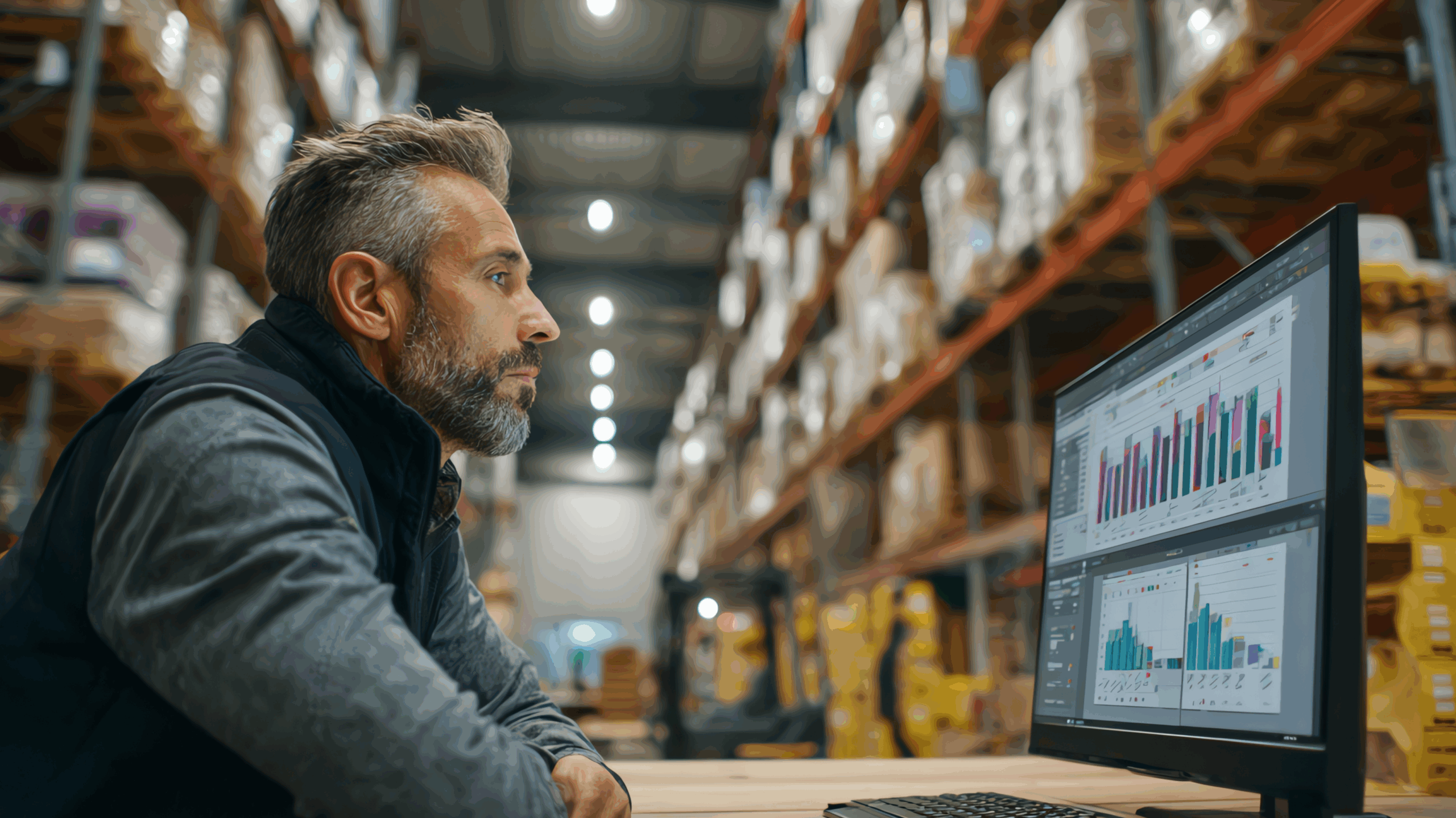 Supply chain manager looking at screen in warehouse